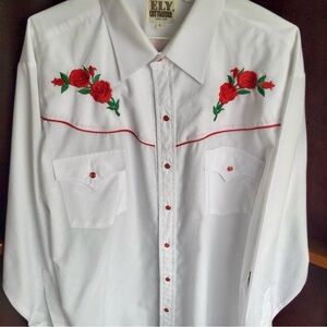 Ely Cattleman White Shirt with Red Rose Embroidery